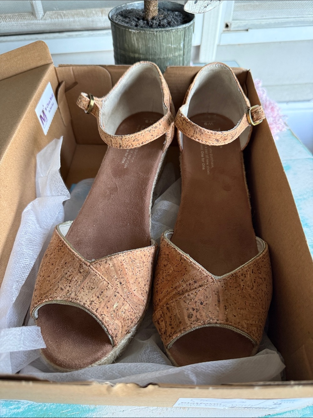 NIB TOMS Platform Cork Glitz Rope Peep-Toe Wedge Ankle Strap Sandals 9 Boho